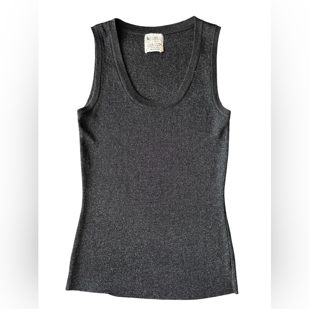 Diana Knits Vintage Women’s Black Metallic Sleeveless Mock Neck Knit Top Size L